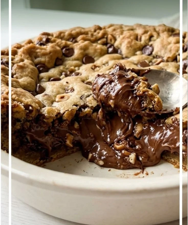 Nutella stuffed cookie pie served warm with gooey chocolate inside
