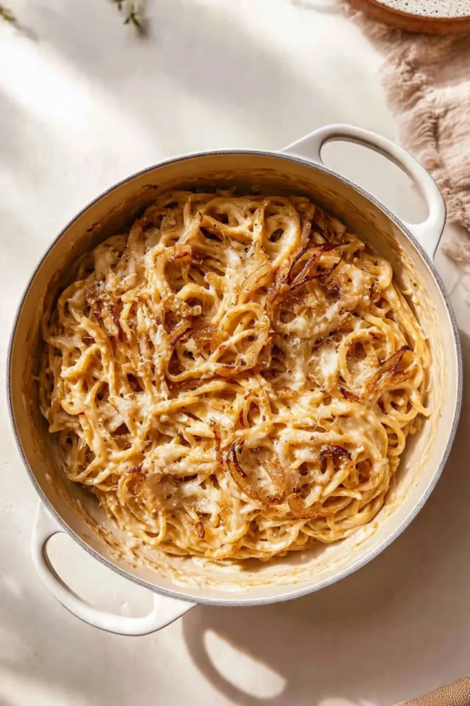 One Pan French Onion Pasta served in a bowl with cheese and herbs