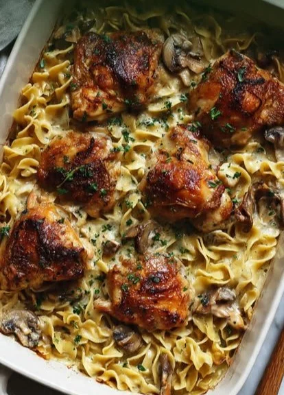 One-pan roasted chicken and noodle bake for a cozy weeknight meal