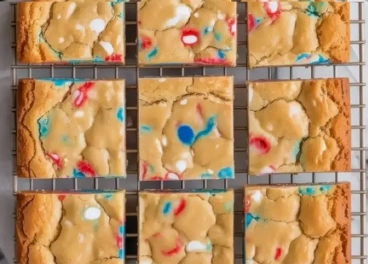 Patriotic Funfetti Blondies decorated with red, white, and blue sprinkles for celebrations