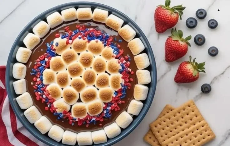 Patriotic S’mores Dip featuring red, white, and blue layers for a festive treat