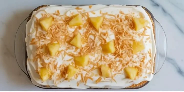 No-bake Pina Colada Lush dessert with coconut and pineapple toppings