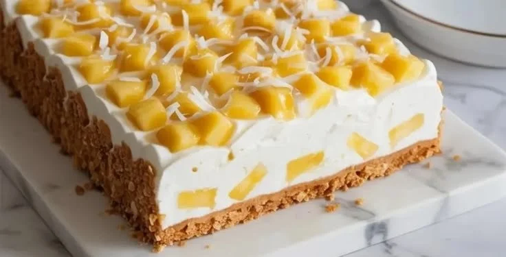 Delicious Pineapple Lush Dessert with layers of cream and pineapple.