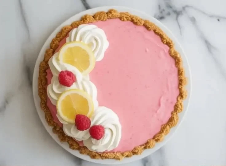 Slice of Pink Lemonade Pie with bright pink filling and crust, perfect for celebrations