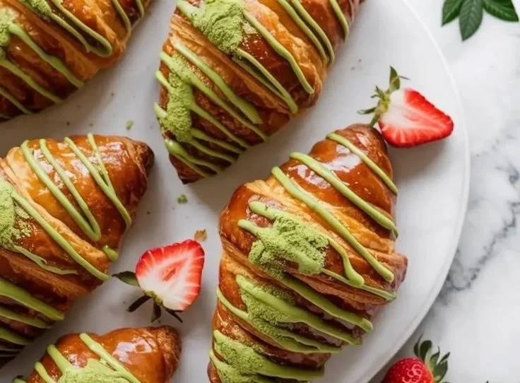 Delicious strawberry matcha croissants on a rustic wooden table