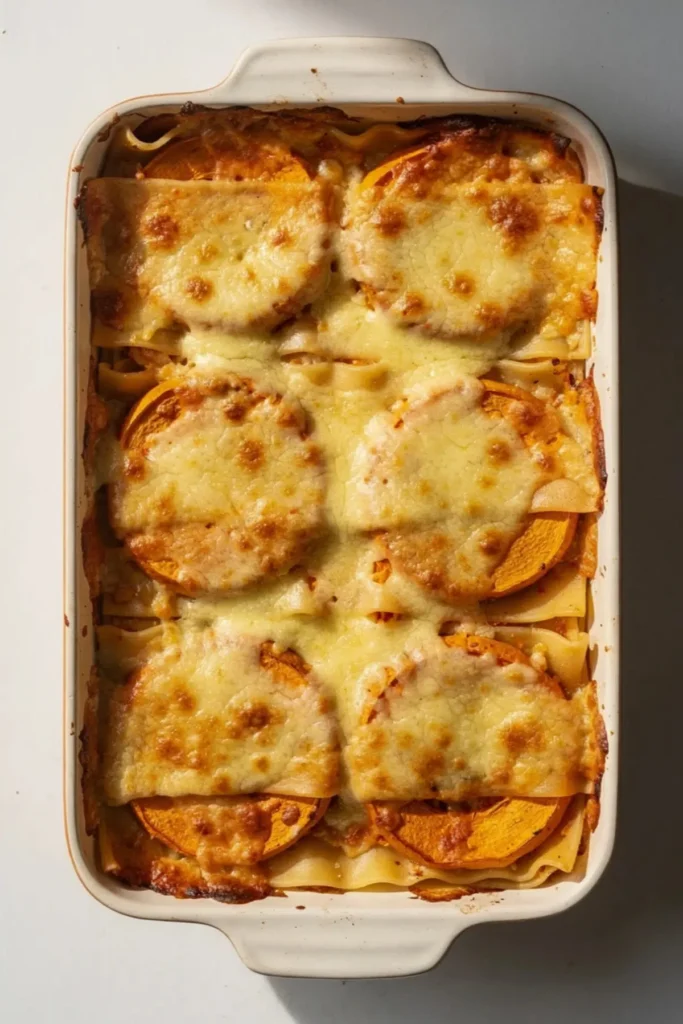 Delicious butternut squash lasagna on a white plate with herbs